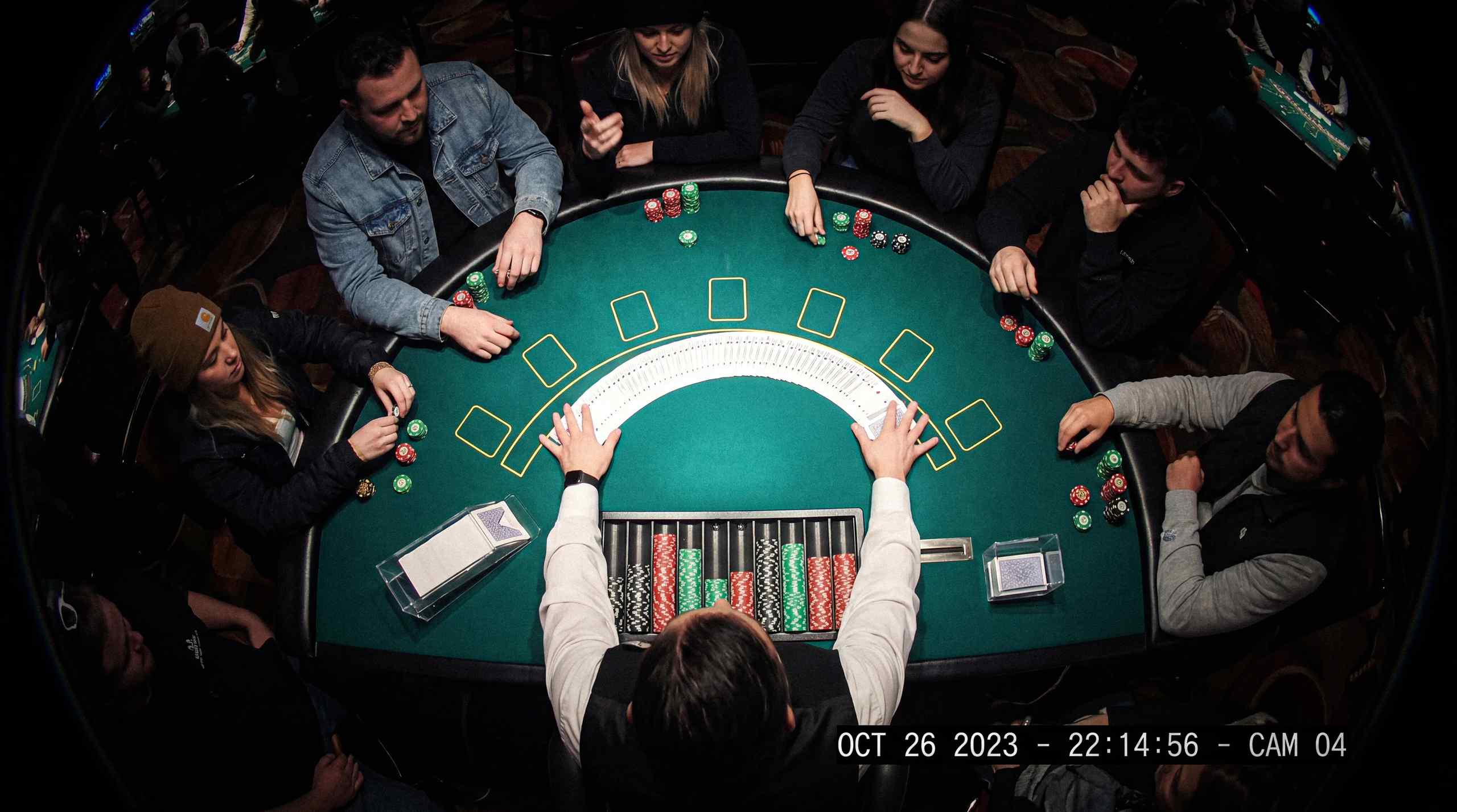 A blackjack table in a casino.
